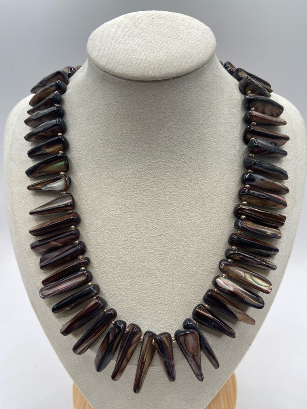 Handmade Iridescent Abalone Shell Spike Statement Collar Bib Necklace 16”L Brown